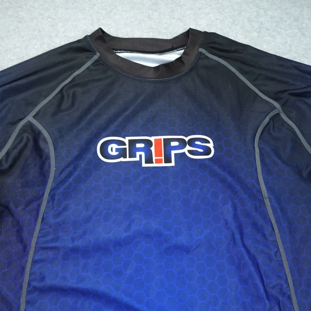 Grips Rash Guard Mens Small Blue Black Honeycomb Athletic‎ Compression Shirt BJJ